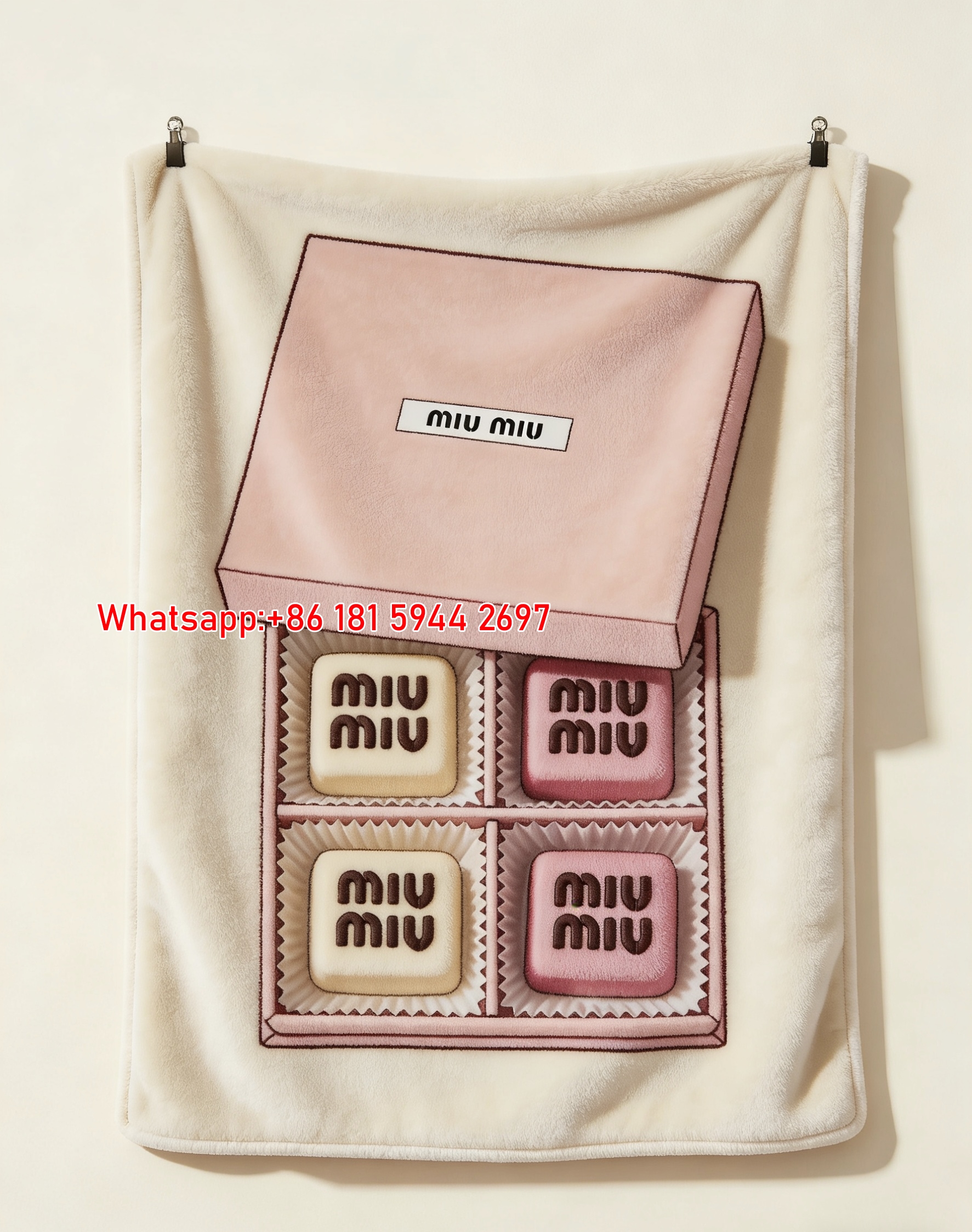 Miu Miu Pink Beige Logo Chocolate Box Print Flannel Throw Blanket IMG_0425